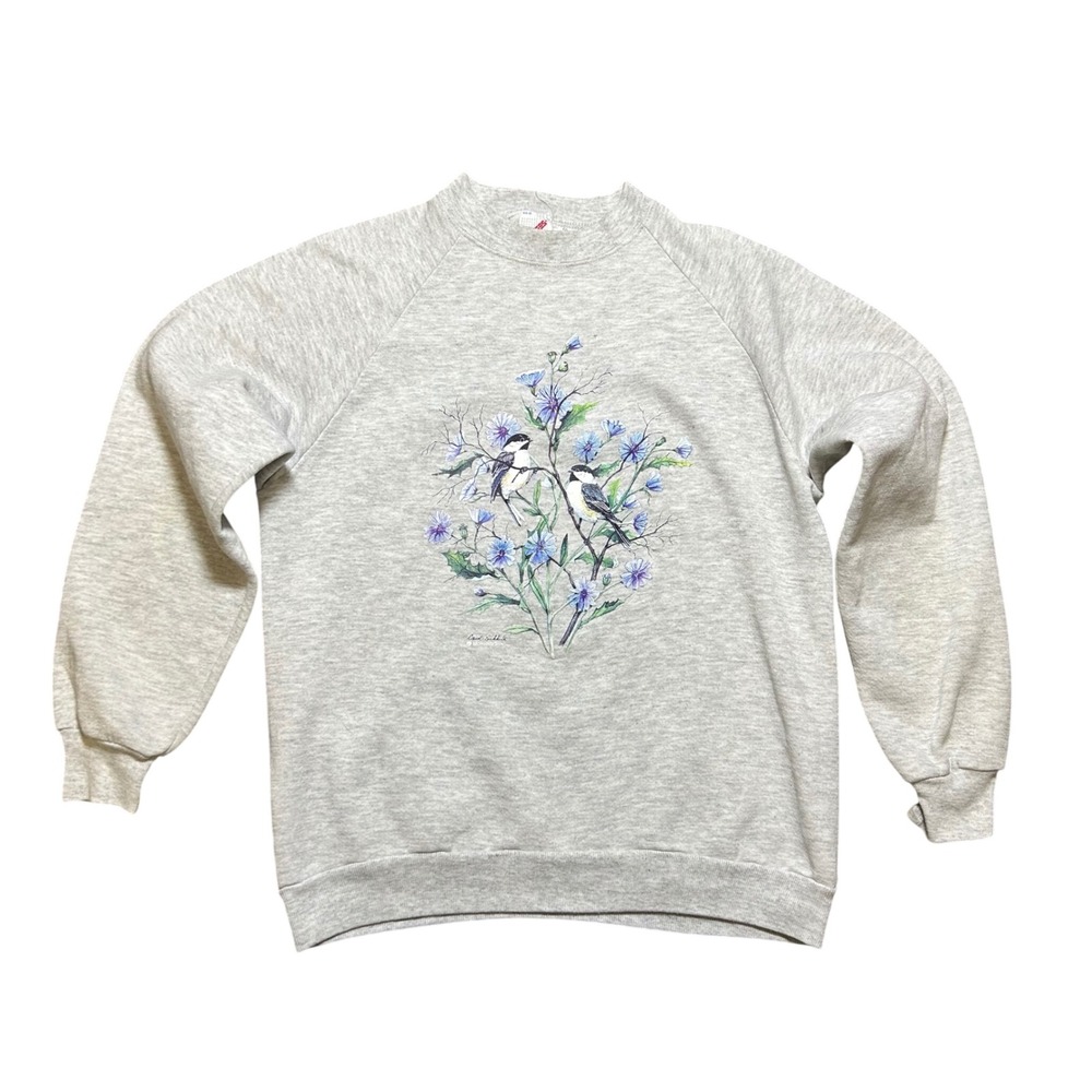 Vintage 80s Jerzees Gray Crewneck Sweatshirt‎ Love Birds Floral Size L
